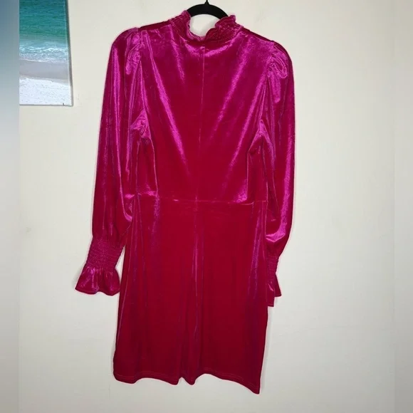 Velvet velour hot pink fuschia fitted long sleeve mini dress - Picture 3 of 6